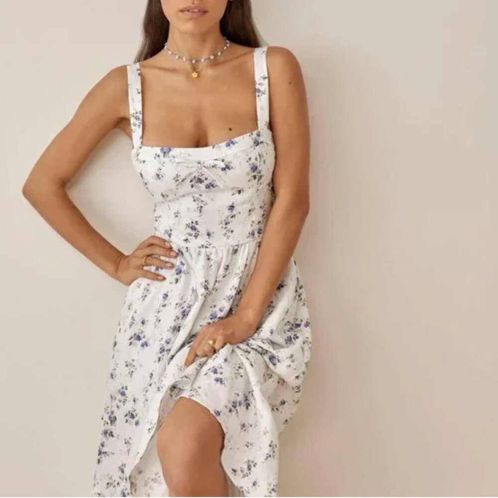 Reformation White and Blue Floral Midi Dress